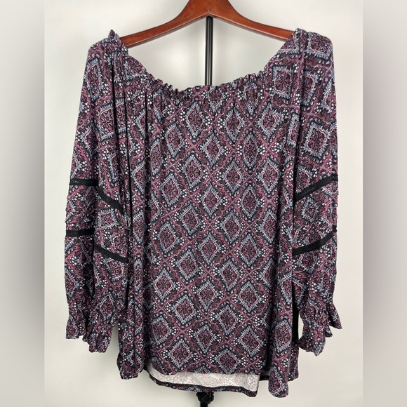 Lane Bryant Black Purple Boho Floral Diamond Top - Picture 6 of 6